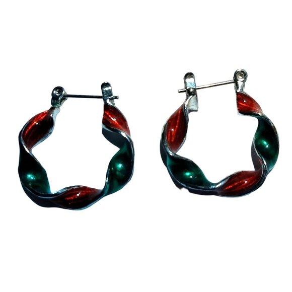 Red Green Enamel Hoop Earrings Emerald Vintage Holiday Christmas Jewelry - Picture 4 of 4